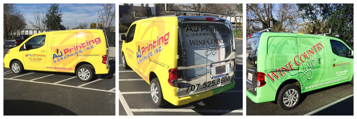 AJ printing and graphics, Wine COuntry Signs, vehicle wraps, full body vinyl wraps, two sided van, advertising, marketing, professional printing, large format printing, affordable vehicle wraps, experienced wraps, higher sales, small business marketing