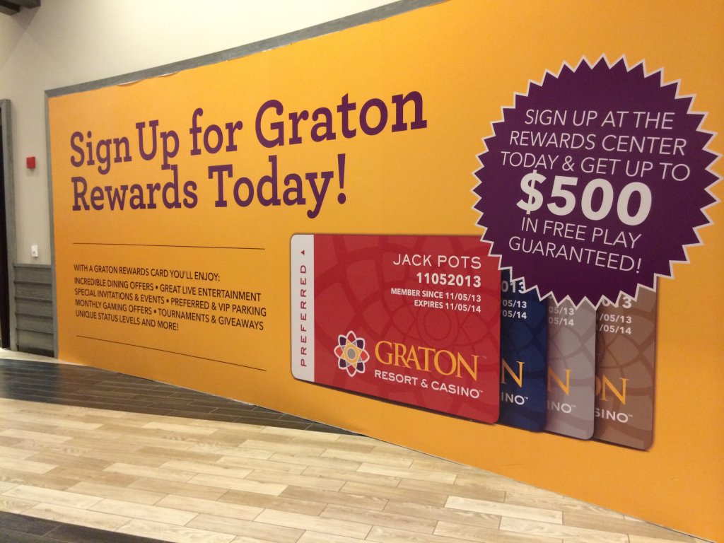 Graton Resort and Casino, vinyl wallscape, large banners, removeable wallscapes, installation, wide format printing, fullfillment, professional printing, expert sign makers, banners, building wraps, food court banners, advertising, marketing, graton rewards, giveaways, rohnert park casino, temporary signs, durable signs, indoor signs