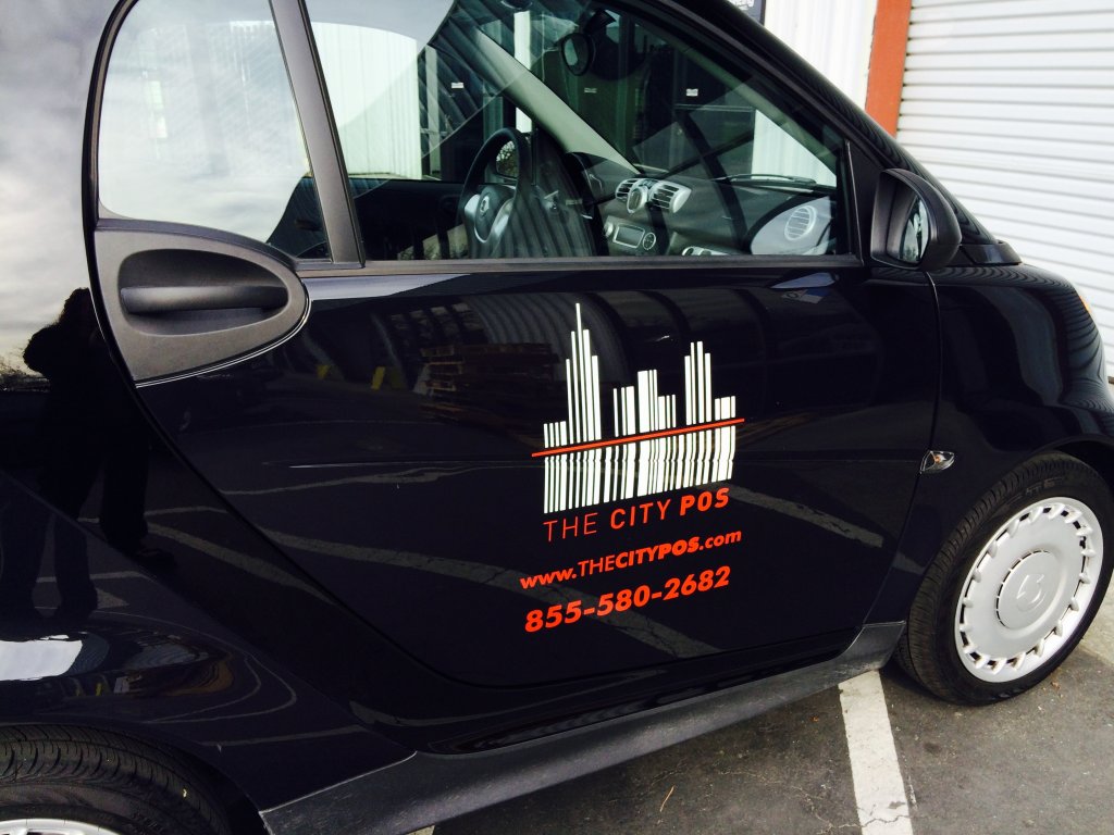 The City POS, San Francisco, Smart Car vehicle graphic, marketing, advertising, POS systems, easy and durable graphics, graphic design